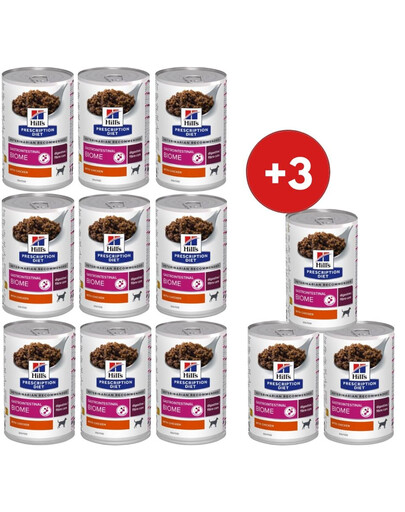 HILL'S Prescription Diet Gastrointestinal Biome 9x370g mokra karma dla psów z kurczakiem + 3 puszki GRATIS!