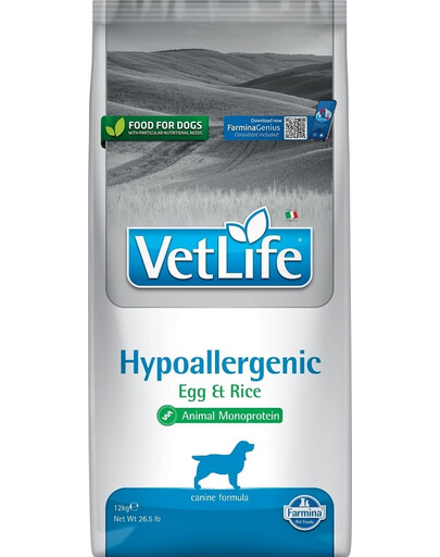 FARMINA Vet Life Hypoallergenic Egg & Rice dog 12 kg krmivo pro psy s alergiemi + 3 x FARMINA Vet Life Dental Treat Hypoallergenic Fish Mini 60 g (7 ks) ZDARMA!