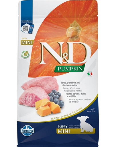 FARMINA N&D GF Pumpkin Lamb & Blueberry Puppy Mini 2.5 kg pro štěňata malých plemen + FARMINA N&D Pumpkin Dental Treat Chicken Pomegranate Mini 60 g (7 ks) ZDARMA!