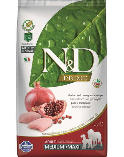 FARMINA N&D Prime dog Adult Medium & Maxi chicken & pomegranate 12 kg + 3 x FARMINA N&D Quinoa Dental Treat Fresh breath Medium/Maxi 100 g (7 ks) ZDARMA!