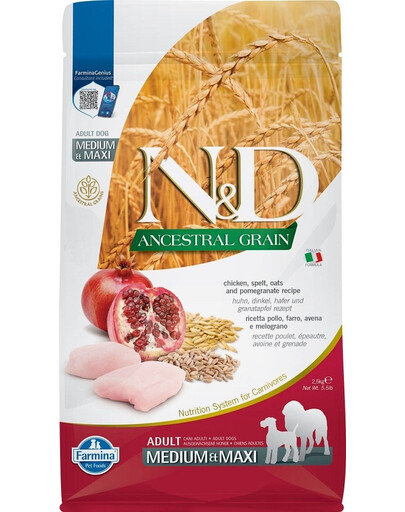 FARMINA N&D Ancestral Grain dog Adult Medium & Maxi Chicken & pomegranate 2,5 kg + FARMINA N&D Tropical Selection Dental Treat Chicken Medium/Maxi 100 g (7 ks) ZDARMA!