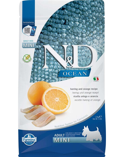 FARMINA N&D Ocean Dog Adult Mini herring and orange 2,5 kg pro psy malého plemene + FARMINA N&D Quinoa Dental Treat Digestion Mini 60 g (7 ks) ZDARMA!