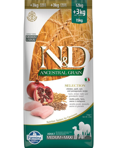 FARMINA N&D Ancestral Selection Dog chicken and pomegranate Adult Medium & Maxi 15 kg + 3 x FARMINA N&D Tropical Selection Dental Treat Pork Medium/Maxi 100 g ZDARMA