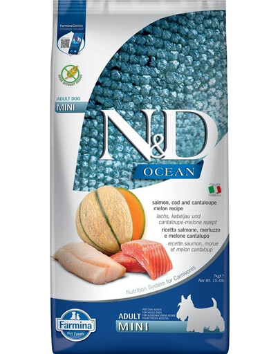 FARMINA N&D Ocean Dog Adult Mini salmon, cod & canatloupe melon 7 kg losos, treska, meloun + FARMINA N&D Tropical Selection Dental Treat Pork Mini 60 g (7 ks) ZDARMA!