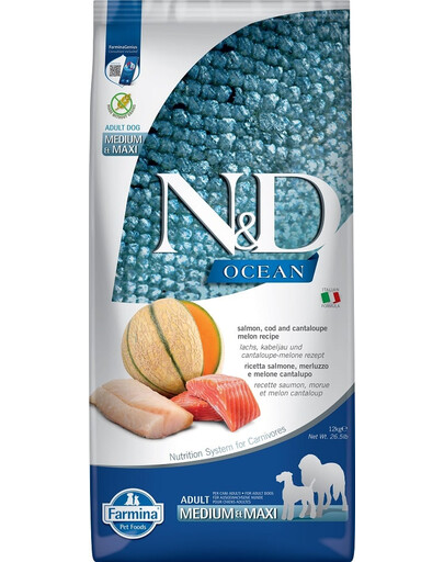 FARMINA N&D Ocean Dog Adult Medium & Maxi 12 kg losos, treska, dýně, meloun kantalup + 2 x FARMINA N&D Quinoa Dental Pack Weight management Medium/Maxi ZDARMA!