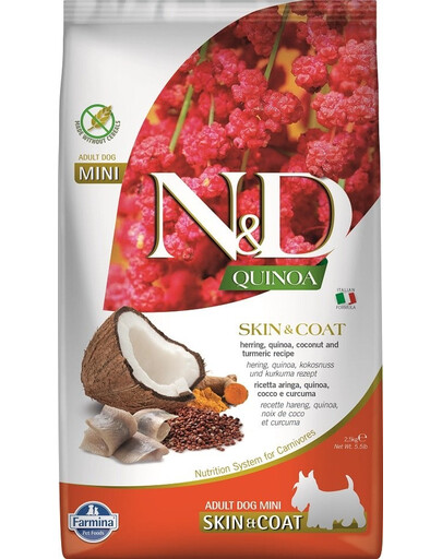 FARMINA N&D Quinoa Dog Skin&Coat Adult Mini sleď, kokos 2,5 kg sleď a kokos + FARMINA N&D Quinoa Dental Treat Skin Coat Herring Mini 60 g (7 ks) ZDARMA!