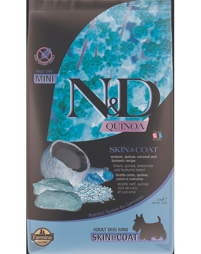 FARMINA N&D Quinoa Dog Skin&Coat Adult Mini venison, coconut 2.5 kg + FARMINA N&D Quinoa Dental Treat Skin Coat Venison Mini 60 g ZDARMA!
