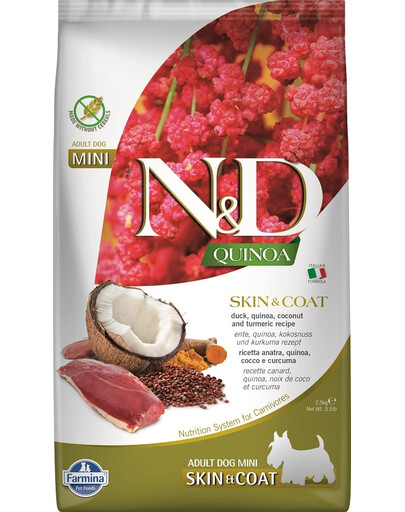 FARMINA N&D Quinoa Mini Skin and Coat 2,5 kg s kachnou a kokosem + FARMINA N&D Quinoa Dental Treat Skin Coat Duck Mini 60 g ZDARMA!