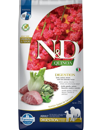 FARMINA N&D Quinoa Dog Adult Medium Maxi Digestion Lamb & Fennel 7 kg + FARMINA N&D Quinoa Dental Pack Digestion Medium/Maxi ZDARMA!