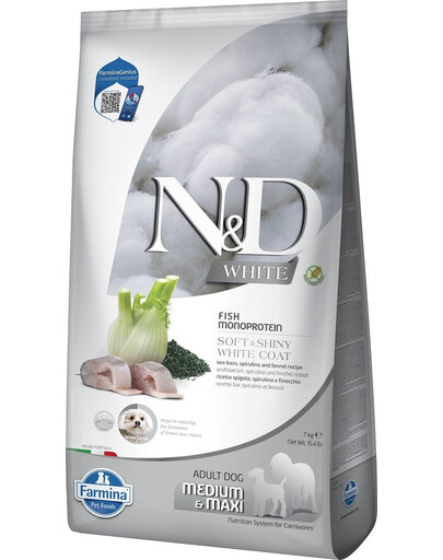 FARMINA N&D White Dog Adult Medium Maxi Sea Bass, Spirulina, Fennel 7 kg + FARMINA N&D White Dental Treat Coat Sea bass Medium/Maxi 100 g (7 ks) ZDARMA!
