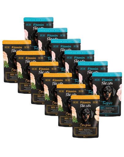 FITMIN For Life Dog Adult Mix příchutí 12x85 g kuře s bylinkami a krůta s rakytníkem v omáčce