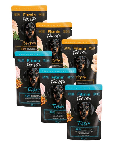 FITMIN For Life Dog Adult Mix příchutí 6x85 g kuře s bylinkami a krůta s rakytníkem v omáčce