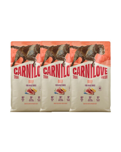 CARNILOVE True Fresh Dog Beef Adult 3x4 kg suché krmivo s čerstvým hovězím masem pro dospělé psy