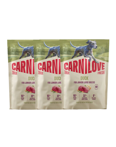 CARNILOVE True Fresh Dog Duck Junior Large suché krmivo 3x1,5 kg s čerstvou kachnou pro mladé psy velkých plemen