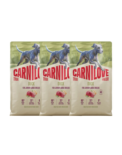 CARNILOVE True Fresh Dog Duck Junior Large suché krmivo 3x4 kg s čerstvou kachnou pro mladé psy velkých plemen
