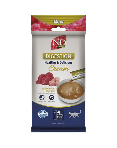 FARMINA N&D Quinoa Cat Digestion Cream Chicken and Tuna 60 g s kuřecím masem a tuňákem, krémová pochoutka pro kočky s citlivým trávením
