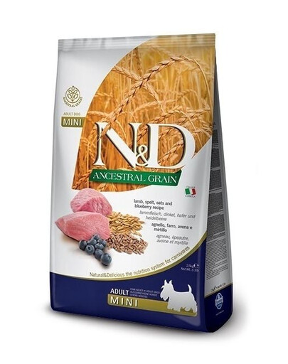 FARMINA N&D Ancestral Grain Lamb & Blueberry Adult Mini dog 2.5 kg krmivo pro psy malých plemen + FARMINA N&D Quinoa Dental Treat Fresh breath Mini 60 g (7 ks) ZDARMA!
