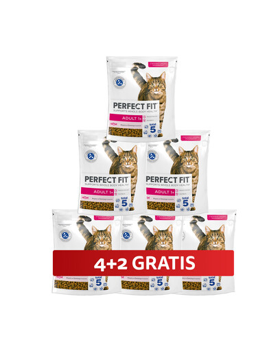 PERFECT FIT Adult 1+ 6 x 750 g Kompletní krmivo pro dospělé kočky bohaté na čerstvého lososa 4+2 ZDARMA