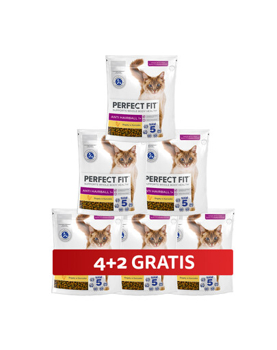 PERFECT FIT Antihairball 1+ 6 x 750 g Kompletní krmivo pro dospělé kočky s vysokým obsahem kuřete 4+2 ZDARMA