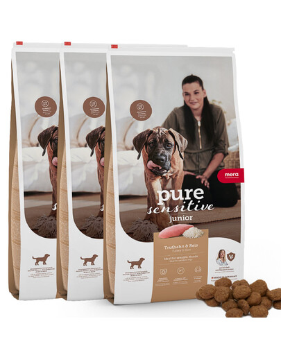 MERA Dog Pure Sensitive Junior Turkey Rice 3x4 kg krůta s rýží, suché krmivo pro citlivá štěňata
