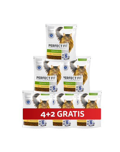 PERFECT FIT Senior 7+ 6 x 750 g Kompletní krmivo pro starší kočky s vysokým obsahem kuřete 4+2 ZDARMA