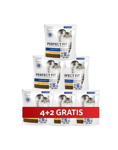 PERFECT FIT Indoor 1+ 6 x 750 g Kompletní krmivo pro dospělé kočky s vysokým obsahem kuřete 4+2 ZDARMA