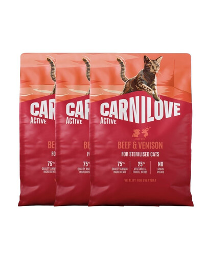 CARNILOVE Active Cat Beef & Venison Sterilised 3x2 kg hovězího a zvěřinového masa pro sterilizované kočky