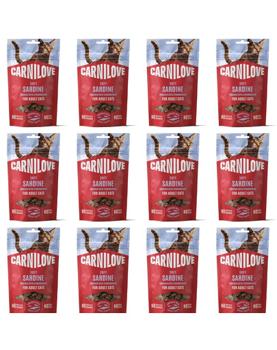 CARNILOVE Soft Snack Cat Sardine 12x50 g se sardinkami a jahodami, měkké pamlsky pro kočky