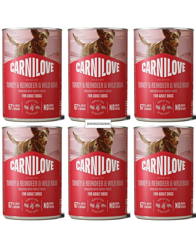 CARNILOVE Dog Can Turkey and Reindeer and Wildboar 6x400g paštika s krůtím, sobím a divočákem pro dospělé psy