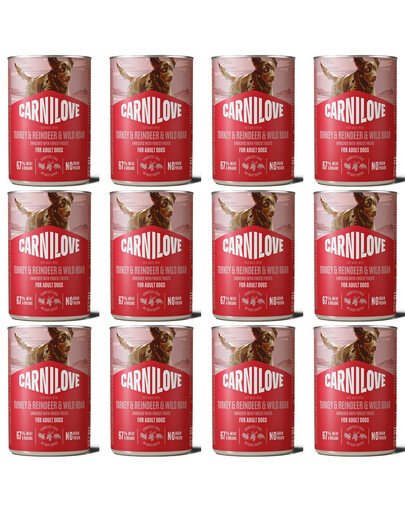CARNILOVE Dog Can Turkey and Reindeer and Wildboar 12x400g paštika s krůtím, sobím a divočákem pro dospělé psy