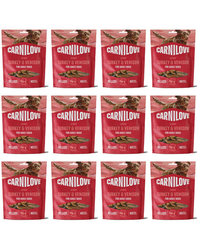 CARNILOVE Dog Jerky Turkey with Venison 12x100g pamlsky z krůty a zvěřiny pro dospělé psy