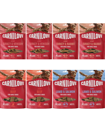 CARNILOVE Dog Jerky Mix Flavors 8x100g masové pamlsky pro dospělé psy