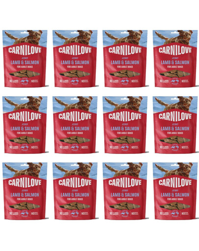 CARNILOVE Dog Jerky Lamb with Salmon 12x100g Jehněčí a lososové pamlsky pro dospělé psy