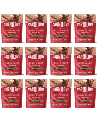 CARNILOVE Dog Jerky Turkey & Rabbit 12x100g pamlsky s krůtím a králičím masem pro dospělé psy