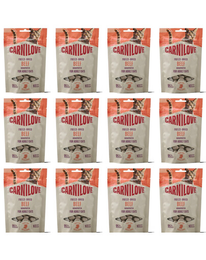 CARNILOVE Lyofilizovaný snack pro kočky s hovězím masem 12x40 g s hovězím masem a šantou kočičí, lyofilizované pamlsky pro kočky