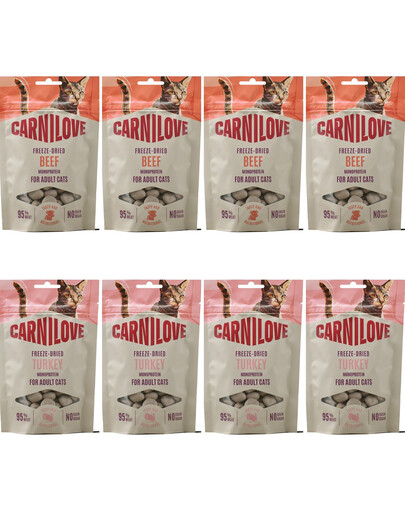 CARNILOVE Lyofilizovaný snack pro kočky s příchutí krůty a hovězího masa 8x40 g lyofilizované pamlsky pro kočky, směs příchutí krůty a hovězího masa
