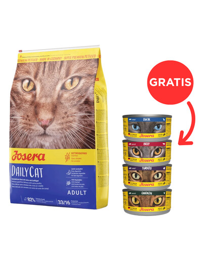 JOSERA Daily Cat 10 kg Bezobilné krmivo pro dospělé kočky + 4 konzervy ZDARMA