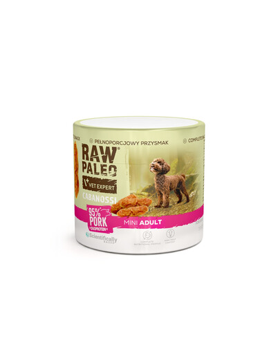 RAW PALEO Cabanossi Pork Mini 100g vepřové maso, polomokré kompletní krmivo ve formě klobás pro psy