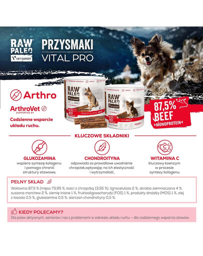 RAW PALEO Vital Pro Arthro Beef Mini 100g monoproteinowy funkcjonalny przysmak na stawy dla psów