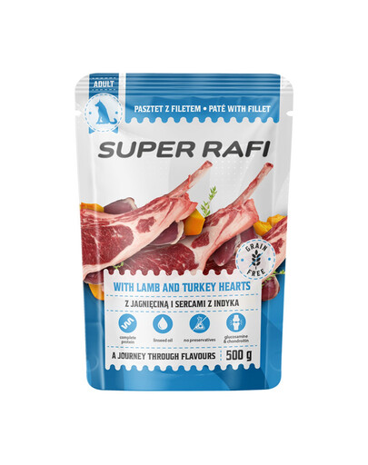 SUPER RAFI s jehněčími a krůtími srdíčky 500 g krmivo pro psy