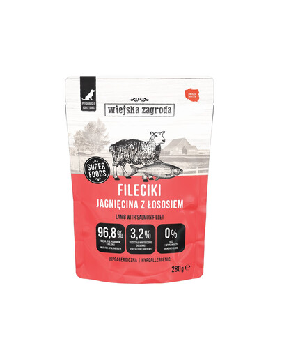 WIEJSKA ZAGRODA Monoproteinové plátky z jehněčího masa s lososem 280 g vlhké krmivo pro psy
