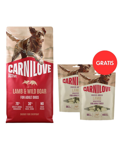 CARNILOVE Active Dog Lamb & Wild Boar Adult 12 kg granule s jehněčím a divočákem pro dospělé aktivní psy + CARNILOVE Dog Freeze Dried Lamb 2x60g ZDARMA