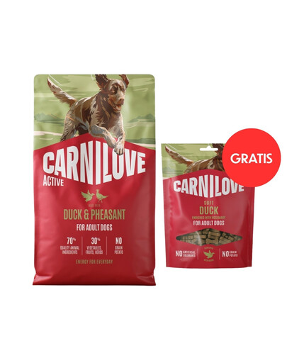 CARNILOVE Active Dog Duck & Pheasant Adult 4 kg granule s kachnou a bažantem pro dospělé aktivní psy + CARNILOVE Dog Soft Snack Duck 200g ZDARMA