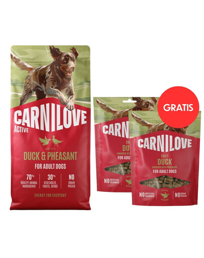CARNILOVE Active Dog Duck and Pheasant Adult 12 kg granule s kachnou a bažantem pro dospělé aktivní psy + CARNILOVE Dog Soft Snack Duck 2x200g ZDARMA