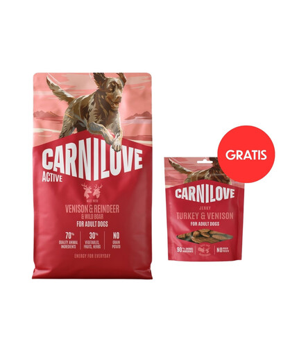 CARNILOVE Active Dog Venision & Reindeer Adult 4 kg granule se zvěřinou, sobem a divočákem pro aktivní dospělé psy + CARNILOVE Dog Jerky Turkey with Venision 100g ZDARMA