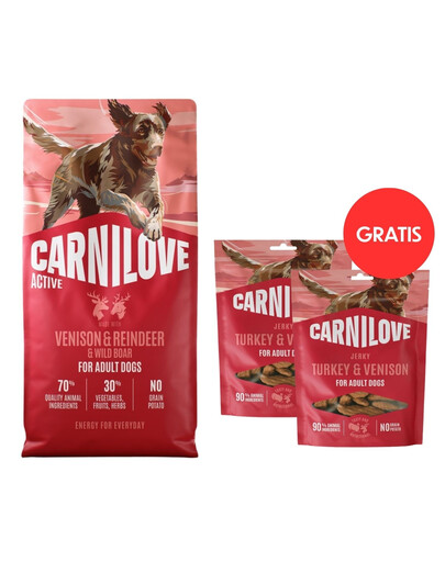 CARNILOVE Active Dog Venision & Reindeer Adult 12 kg granule se zvěřinou, sobem a divočákem pro aktivní dospělé psy + CARNILOVE Dog Jerky Turkey with Venision 2x100g ZDARMA