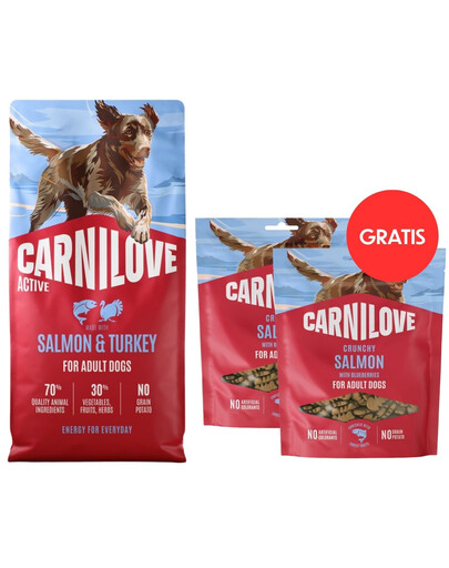 CARNILOVE Active Dog Salmon & Turkey Adult 12 kg granule s lososem a krůtím masem pro aktivní psy + CARNILOVE Dog Crunchy Snack Losos 2x200g ZDARMA