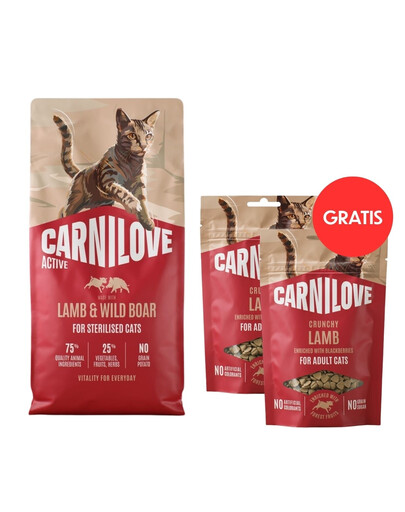 CARNILOVE Active Cat Lamb & Wild Boar Sterilised 6 kg granule pro sterilizované kočky + CARNILOVE Crunchy Snack Cat Lamb 2x50 g ZDARMA