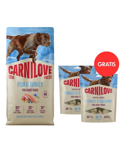 CARNILOVE True Fresh Dog Fish and Turkey Adult 12 kg granule s čerstvou krůtou pro dospělé psy + CARNILOVE Dog Freeze Dried Turkey and Salmon 2x60g ZDARMA
