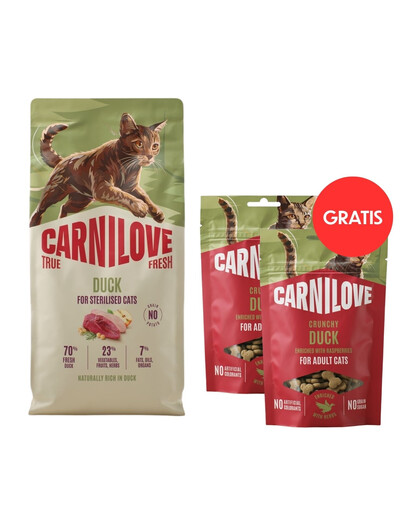 CARNILOVE True Fresh Cat Duck Sterilised 6 kg granule pro sterilizované kočky + CARNILOVE Crunchy Snack Cat Duck 2x50 g ZDARMA